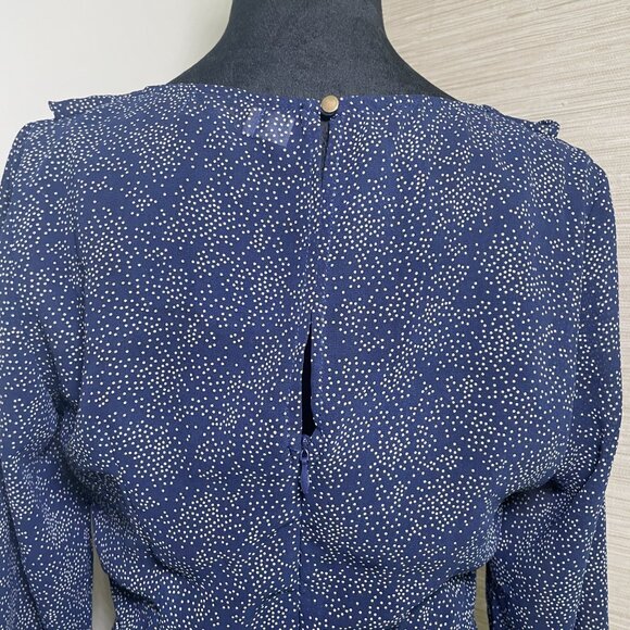 Women's Size 10 Yours Truly Navy Polka Dot Ruffled Neck Long Sleeve Dress - Picture 8 of 11